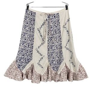 VTG Floral Lace Cotton Tier Knee‎ Skirt Medium Boho Prairie Festival Drawstring